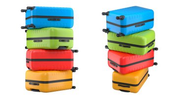 Beyaz arka planda izole edilmiş polikarbonat bavullar. 3D seyahat konsepti bagaj veya bagaj