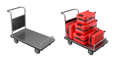 Beyaz arka planda bagajları taşımak için normal polikarbonat valiz seti. 3D seyahat konsepti. Tatil ve bagaj taşımacılığı.