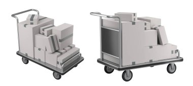 Havaalanı bagaj seti ya da bagaj vagonu yanında bir yığın karton kutu ya da beyaz arka planda karton kutu. Havaalanı veya depo servisinin 3d oluşturma ögesi