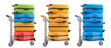 Beyaz arka planda bagajları taşımak için normal polikarbonat valiz seti. 3D seyahat konsepti. Tatil ve bagaj taşımacılığı.