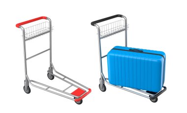 Beyaz arka planda bagajları taşımak için normal polikarbonat valiz seti. 3D seyahat konsepti. Tatil ve bagaj taşımacılığı.