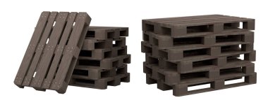 Depo için beyaz arka planda izole edilmiş ahşap paletler. Kargo yükleme ve taşıma, nakliye, nakliye, depolama servis ekipmanları için 3D tepsi hazırlama