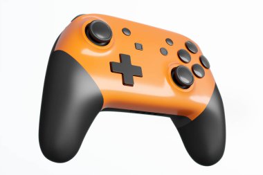 Gerçekçi turuncu video oyunu joystick ya da beyaz arka planda oyun platformu. Bulut oyunu ve oyun alanı çalışma alanı konsepti için 3 boyutlu görüntüleme