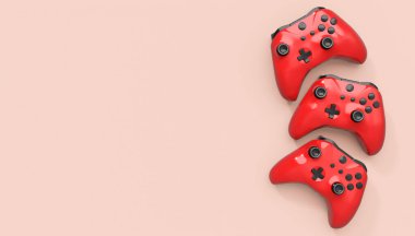 Gerçekçi kırmızı gök mavisi video oyunu joystickleri ya da pembe arka planda oyun pedleri. Bulut oyunu ve oyun alanı çalışma alanı konsepti için 3 boyutlu görüntüleme