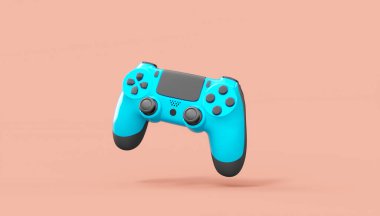 Pembe arka planda gerçekçi mavi oyun joystickleri veya oyun pedleri. Bulut oyunu ve oyun alanı çalışma alanı konsepti için 3 boyutlu görüntüleme