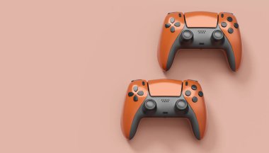 Kırmızı arka planda gerçekçi kırmızı video oyunu joystickleri ya da oyun pedleri. Bulut oyunu ve oyun alanı çalışma alanı konsepti için 3 boyutlu görüntüleme