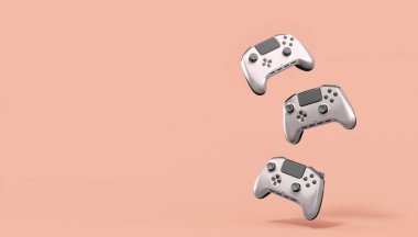 Pembe arka planda gerçekçi gri video oyunu joystickleri ya da oyun pedleri. Bulut oyunu ve oyun alanı çalışma alanı konsepti için 3 boyutlu görüntüleme