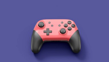 Gerçekçi pembe video oyunu joystickleri ya da menekşe arka planda oyun pedleri. Bulut oyunu ve oyun alanı çalışma alanı konsepti için 3 boyutlu görüntüleme