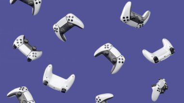 Mor arka planda dönen ve düşen gerçekçi siyah oyun joystickleri ya da gamepad 'leri. Bulut oyunu ve oyun alanı çalışma alanı konsepti için 3B yayın ekipmanı oluşturma