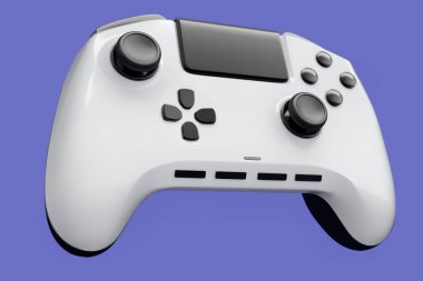 Gerçekçi beyaz video oyunu joystick 'i ya da menekşe arka planda oyun platformu. Bulut oyunu ve oyun alanı çalışma alanı konsepti için 3 boyutlu görüntüleme