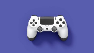 Gerçekçi beyaz video oyunu joystick 'i ya da menekşe arka planda oyun platformu. Bulut oyunu ve oyun alanı çalışma alanı konsepti için 3 boyutlu görüntüleme