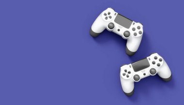 Gerçekçi beyaz video oyunu joystickleri ya da menekşe arka planda oyun pedleri. Bulut oyunu ve oyun alanı çalışma alanı konsepti için 3 boyutlu görüntüleme