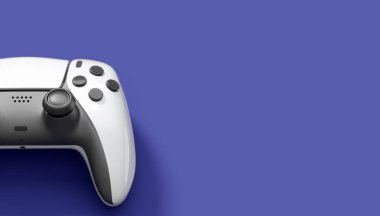 Gerçekçi beyaz video oyunu joystick 'i ya da menekşe arka planda oyun platformu. Bulut oyunu ve oyun alanı çalışma alanı konsepti için 3 boyutlu görüntüleme