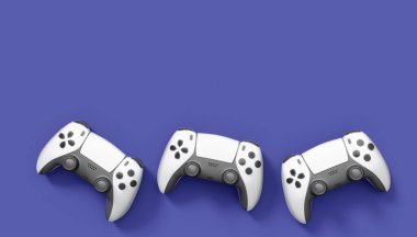 Gerçekçi beyaz video oyunu joystickleri ya da menekşe arka planda oyun pedleri. Bulut oyunu ve oyun alanı çalışma alanı konsepti için 3 boyutlu görüntüleme