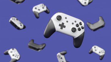 Mor arka planda dönen ve düşen gerçekçi siyah oyun joystickleri ya da gamepad 'leri. Bulut oyunu ve oyun alanı çalışma alanı konsepti için 3B yayın ekipmanı oluşturma