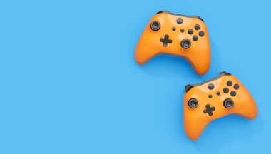 Gerçekçi mavi video oyunu joystickleri ya da mavi arka planda oyun koruyucuları. Bulut oyunu ve oyun alanı çalışma alanı konsepti için 3 boyutlu görüntüleme