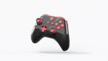 Gerçekçi siyah video oyunu joystick ya da beyaz arka planda renk düğmeleri olan oyun platformu. Bulut oyunu ve oyun alanı çalışma alanı konsepti için 3 boyutlu görüntüleme