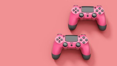Pembe arka planda gerçekçi kırmızı video oyunu joystickleri ya da oyun pedleri. Bulut oyunu ve oyun alanı çalışma alanı konsepti için 3 boyutlu görüntüleme
