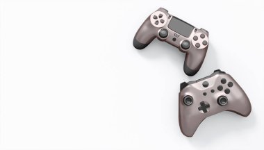 Gerçekçi renkli video oyunu joystickleri ya da beyaz arka planda renk düğmeleri olan gamepad 'ler. Bulut oyunu ve oyun alanı çalışma alanı konsepti için 3 boyutlu görüntüleme