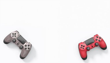 Gerçekçi renkli video oyunu joystickleri ya da beyaz arka planda renk düğmeleri olan gamepad 'ler. Bulut oyunu ve oyun alanı çalışma alanı konsepti için 3 boyutlu görüntüleme