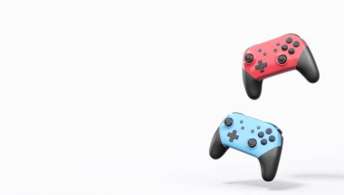 Gerçekçi renkli video oyunu joystickleri ya da beyaz arka planda renk düğmeleri olan gamepad 'ler. Bulut oyunu ve oyun alanı çalışma alanı konsepti için 3 boyutlu görüntüleme