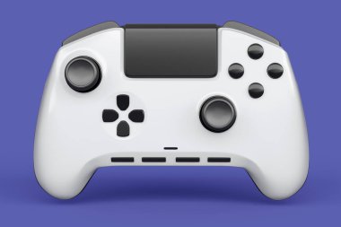 Gerçekçi beyaz video oyunu joystick 'i ya da menekşe arka planda oyun platformu. Bulut oyunu ve oyun alanı çalışma alanı konsepti için 3 boyutlu görüntüleme
