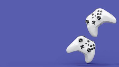 Gerçekçi beyaz video oyunu joystickleri ya da menekşe arka planda oyun pedleri. Bulut oyunu ve oyun alanı çalışma alanı konsepti için 3 boyutlu görüntüleme