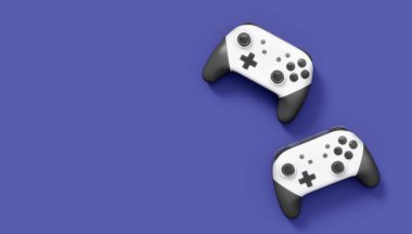 Gerçekçi beyaz video oyunu joystickleri ya da menekşe arka planda oyun pedleri. Bulut oyunu ve oyun alanı çalışma alanı konsepti için 3 boyutlu görüntüleme