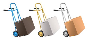 Havaalanı bagaj seti ya da bagaj vagonu yanında bir yığın karton kutu ya da beyaz arka planda karton kutu. Havaalanı veya depo servisinin 3d oluşturma ögesi