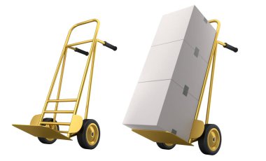 Havaalanı bagaj seti ya da bagaj vagonu yanında bir yığın karton kutu ya da beyaz arka planda karton kutu. Havaalanı veya depo servisinin 3d oluşturma ögesi