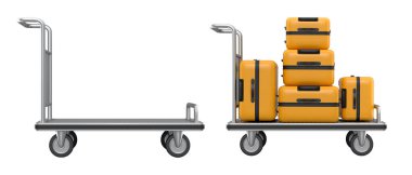 Beyaz arka planda bagajları taşımak için normal polikarbonat valiz seti. 3D seyahat konsepti. Tatil ve bagaj taşımacılığı.