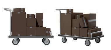 Havaalanı bagaj seti ya da bagaj vagonu yanında bir yığın karton kutu ya da beyaz arka planda karton kutu. Havaalanı veya depo servisinin 3d oluşturma ögesi