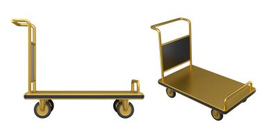 Beyaz arka planda havaalanı bagaj vagonu seti ya da bagaj vagonu. Tatilde otel servisinin 3D sunucu ögesi