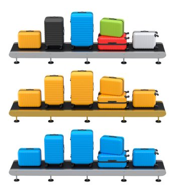 Havalimanı bagaj taşıma bandı, üretim hattı ya da bavulları beyaz arka planda olan bagaj teslim alanı. Seyahat tatil konseptinin 3D sunucusu.