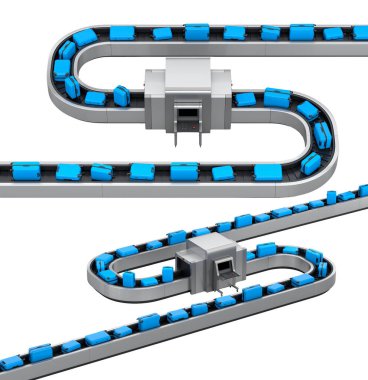 Havalimanı bagaj bandı ya da bagaj teslim alanı beyaz arka planda bavullarla dolu. Seyahat tatil konseptinin 3D sunucusu.