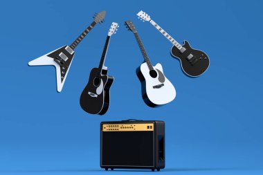 Mavi arka planda elektrikli akustik gitar amplifikatörleri var. Rock festivali posteri için üç boyutlu müzik enstrümanı, davul makinesi ve bateri prodüksiyonu.