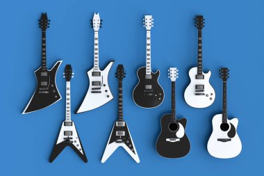 Mavi arka planda izole edilmiş elektrikli akustik gitar seti. Müzik dükkanı için heavy metal gitarlı 3D rock festivali posteri.
