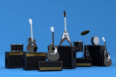 Elektrikli akustik gitarlar, amplifikatörler ve mavi arka planda metal zilleri olan davullar. 3D müzik perküsyon enstrümanı, bateri makinesi ve heavy metal gitarlı bateri seti