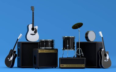 Elektrikli akustik gitarlar, amplifikatörler ve mavi arka planda metal zilleri olan davullar. 3D müzik perküsyon enstrümanı, bateri makinesi ve heavy metal gitarlı bateri seti
