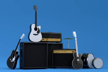 Elektrikli akustik gitarlar, amplifikatörler ve mavi arka planda metal zilleri olan davullar. 3D müzik perküsyon enstrümanı, bateri makinesi ve heavy metal gitarlı bateri seti