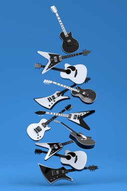 Mavi arka planda izole edilmiş elektrikli akustik gitar seti. Müzik dükkanı için heavy metal gitarlı 3D rock festivali posteri.