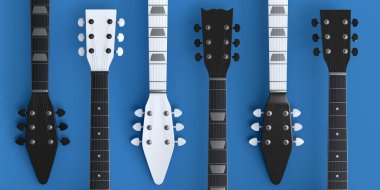 Mavi arka planda izole edilmiş elektrikli akustik gitar seti. Müzik dükkanı için heavy metal gitarlı 3D rock festivali posteri.