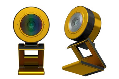 Web kamerası, kırpma yolu ile beyaz arkaplanda izole bir şekilde ayakta duruyor. Çevrimiçi görüntülü sohbet ve konferans için 3D güvenlik kamerası görüntüleme