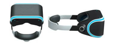 Sanal gerçeklik gözlükleri ve kulaklıklar kesme yolu ile beyaz arka planda izole edilmiş. Kullanıcılar için oyun deneyimlerini geliştiren 3B tasarım