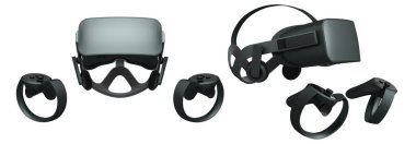 Beyaz arka planda kırpma yolu ile izole edilmiş kontrol cihazları ile sanal gerçeklik gözlükleri ve kulaklıkları. Kullanıcılar için oyun deneyimlerini geliştiren 3B tasarım