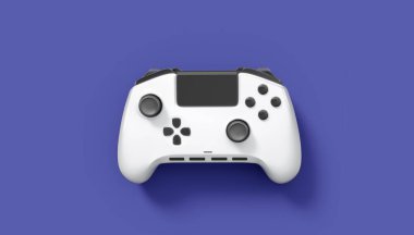 Gerçekçi beyaz video oyunu joystick 'i ya da menekşe arka planda oyun platformu. Bulut oyunu ve oyun alanı çalışma alanı konsepti için 3 boyutlu görüntüleme
