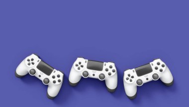 Gerçekçi beyaz video oyunu joystickleri ya da menekşe arka planda oyun pedleri. Bulut oyunu ve oyun alanı çalışma alanı konsepti için 3 boyutlu görüntüleme