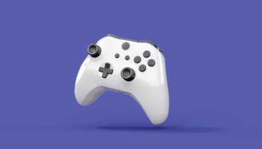 Gerçekçi beyaz video oyunu joystick 'i ya da menekşe arka planda oyun platformu. Bulut oyunu ve oyun alanı çalışma alanı konsepti için 3 boyutlu görüntüleme
