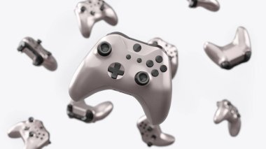 Siyah oyun joystickleri ya da oyun koruyucuları beyaz arka planda döner ve düşer. Bulut oyunu ve oyun alanı çalışma alanı konsepti için 3B yayın ekipmanı oluşturma