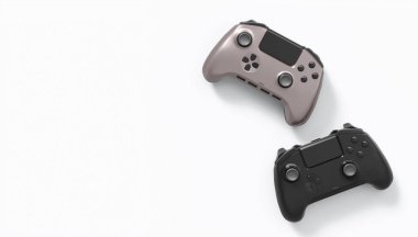Gerçekçi renkli video oyunu joystickleri ya da beyaz arka planda renk düğmeleri olan gamepad 'ler. Bulut oyunu ve oyun alanı çalışma alanı konsepti için 3 boyutlu görüntüleme